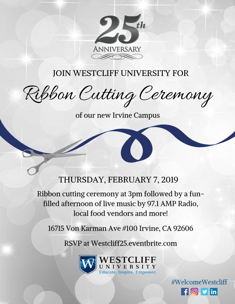 Join Westcliff University for the Ribbon Cutting Ceremony of our new Irvine Campus