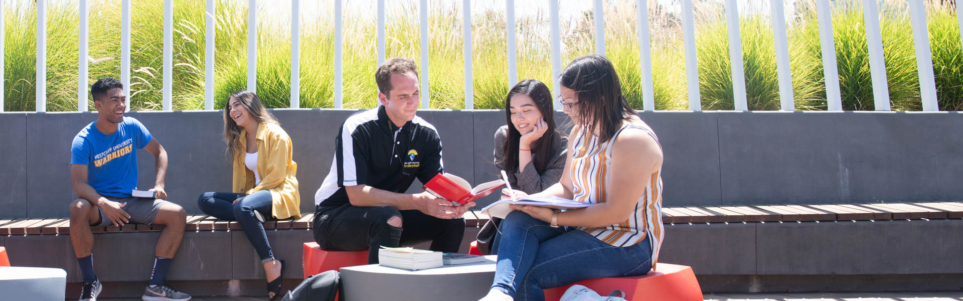 students enjoying the outdoors with friends in the warm sun.