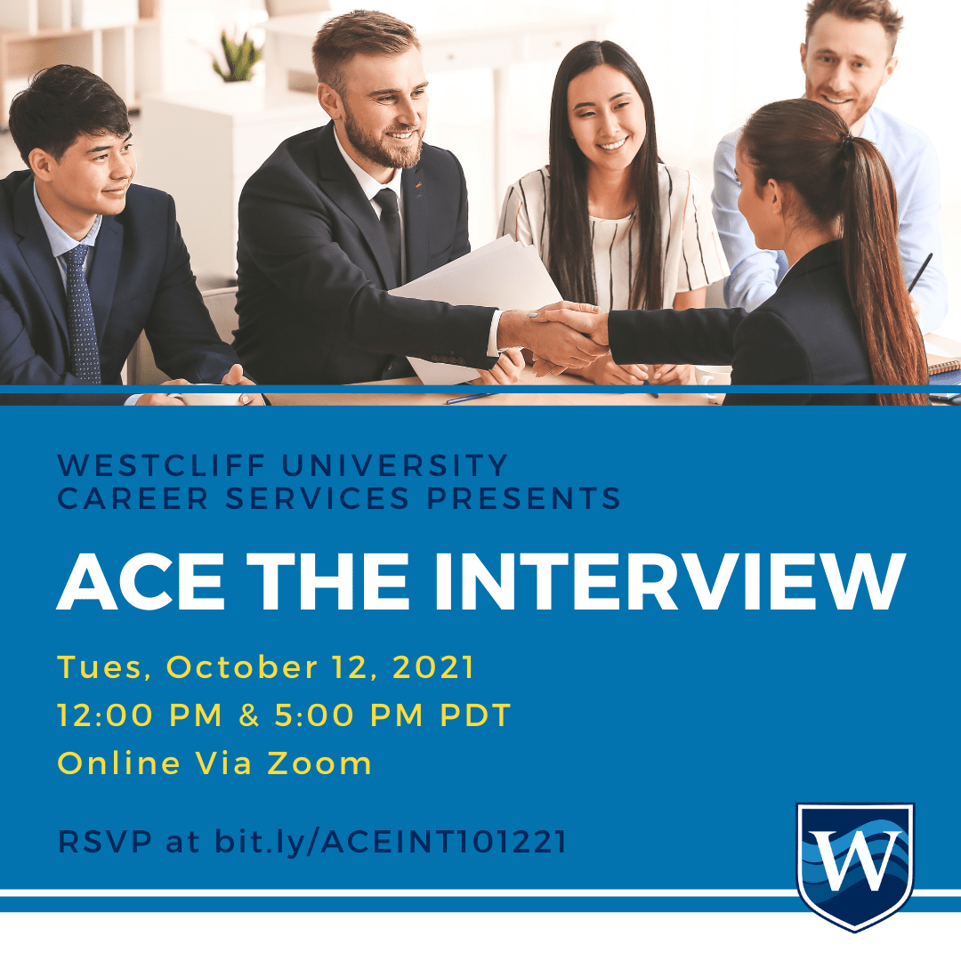 This is the banner/title image for Westcliff University Career Services Ace the Interview event