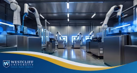 Professor guiding graduate students in smart manufacturing and AI-focused technology program at Westcliff University Canada, Lab image