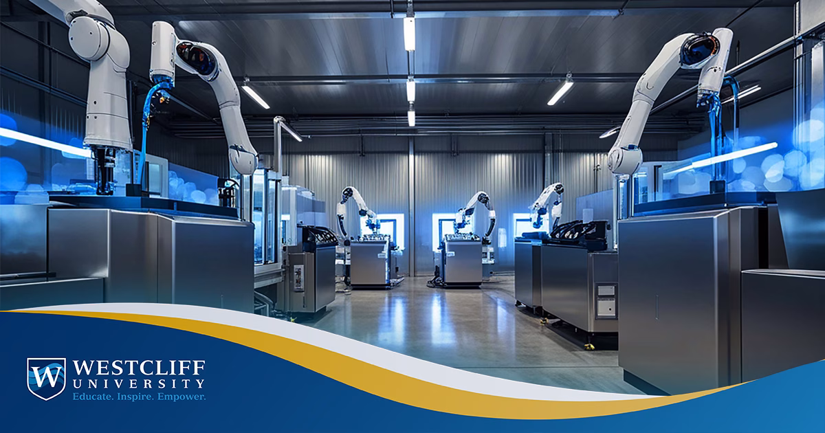 Professor guiding graduate students in smart manufacturing and AI-focused technology program at Westcliff University Canada, Lab image