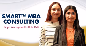 Westcliff University MBA students presenting SMART MBA Consulting Capstone recommendations to Project Management Institute leaders at the Irvine campus.